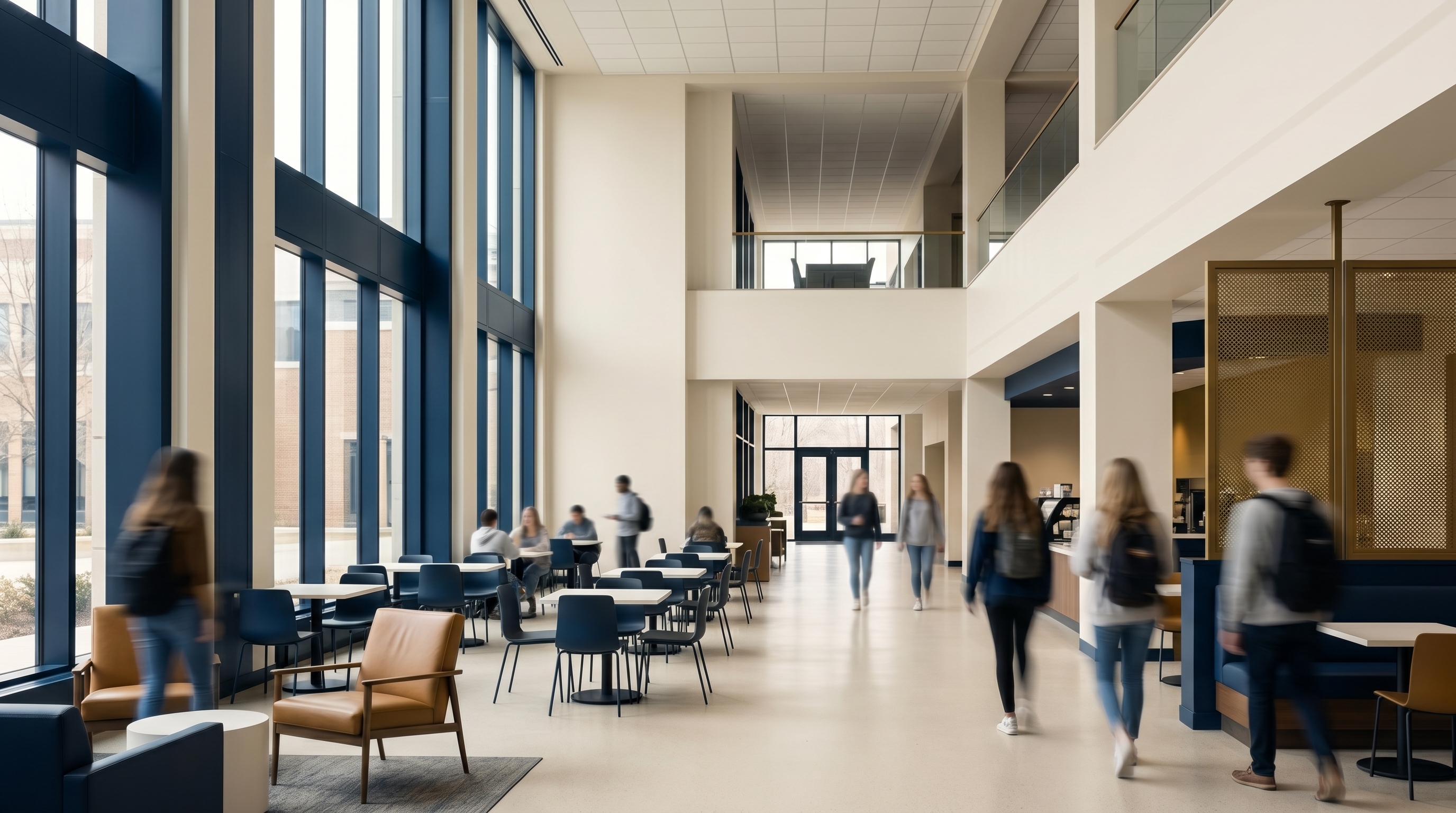 Editorial wide-angle photo of a sunlit college student union interior with cafe seating and tall windows in soft directional natural light, in a restrained cream, deep navy, and warm copper palette.